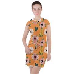 Flower Orange Pattern Floral Drawstring Hooded Dress