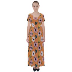 Flower Orange Pattern Floral High Waist Short Sleeve Maxi Dress