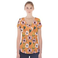 Flower Orange Pattern Floral Short Sleeve Front Detail Top by Dutashop