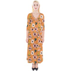 Flower Orange Pattern Floral Quarter Sleeve Wrap Maxi Dress