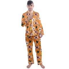 Flower Orange Pattern Floral Men s Long Sleeve Satin Pajamas Set by Dutashop