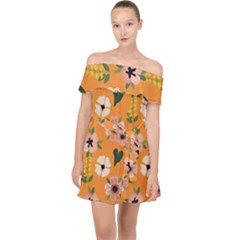 Flower Orange Pattern Floral Off Shoulder Chiffon Dress by Dutashop