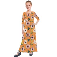 Flower Orange Pattern Floral Kids  Quarter Sleeve Maxi Dress