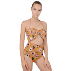 Flower Orange Pattern Floral Scallop Top Cut Out Swimsuit