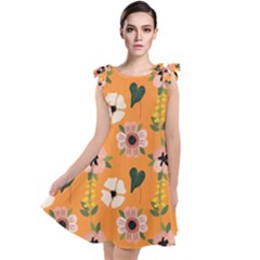 Flower Orange Pattern Floral Tie Up Tunic Dress