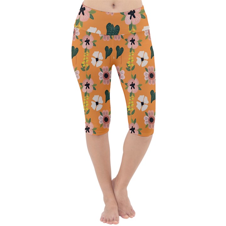 Flower Orange Pattern Floral Lightweight Velour Cropped Yoga Leggings