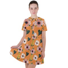 Flower Orange Pattern Floral Short Sleeve Shoulder Cut Out Dress 