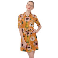 Flower Orange Pattern Floral Belted Shirt Dress