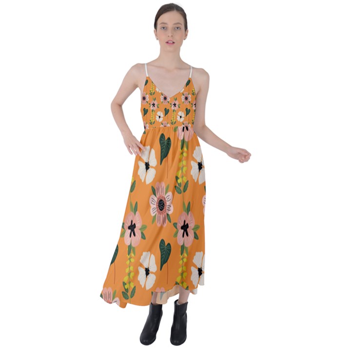 Flower Orange Pattern Floral Tie Back Maxi Dress