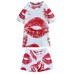 Red Lipsticks Lips Make Up Makeup Kids  Swim Tee And Shorts Set