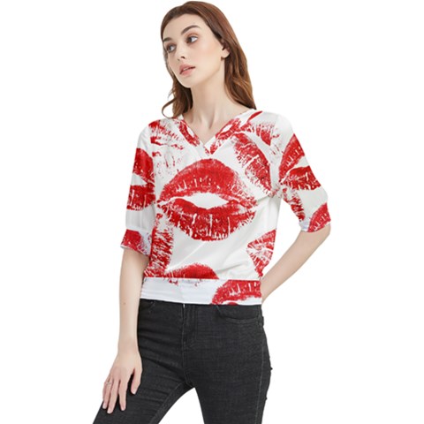 Red Lipsticks Lips Make Up Makeup Quarter Sleeve Blouse by Dutashop