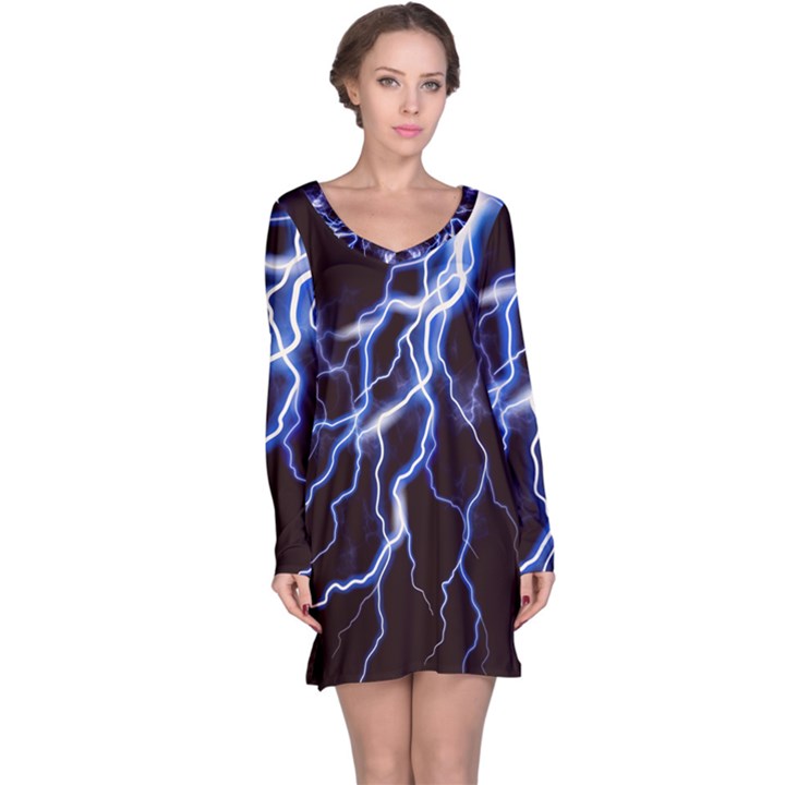 Blue Thunder at night, Colorful Lightning graphic Long Sleeve Nightdress