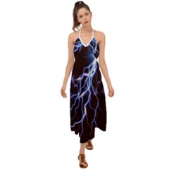 Blue Thunder At Night, Colorful Lightning Graphic Halter Tie Back Dress  by picsaspassion