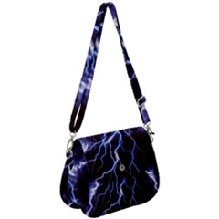 Blue Thunder At Night, Colorful Lightning Graphic Saddle Handbag by picsaspassion