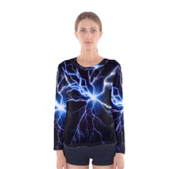 Blue Electric Thunder Storm, Colorful Lightning Graphic Women s Long Sleeve Tee