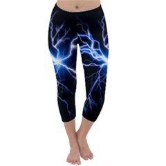 Blue Electric Thunder Storm, Colorful Lightning Graphic Capri Winter Leggings 