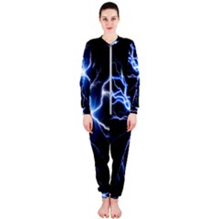 Blue Electric Thunder Storm, Colorful Lightning Graphic Onepiece Jumpsuit (ladies) 