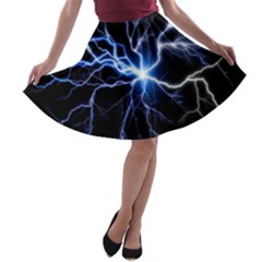 Blue Electric Thunder Storm, Colorful Lightning Graphic A-line Skater Skirt by picsaspassion