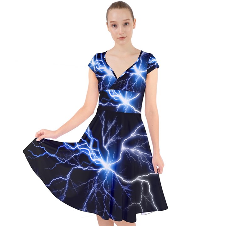 Blue electric Thunder Storm, Colorful Lightning graphic Cap Sleeve Front Wrap Midi Dress