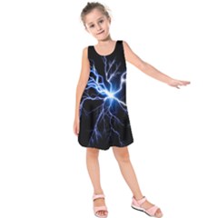 Blue Electric Thunder Storm, Colorful Lightning Graphic Kids  Sleeveless Dress by picsaspassion