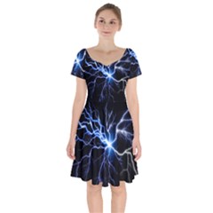 Blue Electric Thunder Storm, Colorful Lightning Graphic Short Sleeve Bardot Dress by picsaspassion