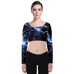 Blue Electric Thunder Storm, Colorful Lightning Graphic Velvet Long Sleeve Crop Top by picsaspassion