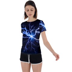 Blue Electric Thunder Storm, Colorful Lightning Graphic Back Circle Cutout Sports Tee by picsaspassion