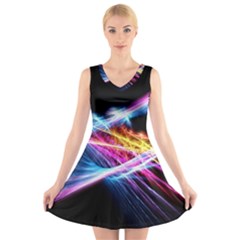 Colorful Neon Light Rays, Rainbow Colors Graphic Art V-neck Sleeveless Dress by picsaspassion