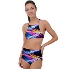 Colorful Neon Light Rays, Rainbow Colors Graphic Art High Waist Tankini Set by picsaspassion