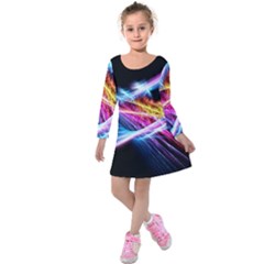 Colorful Neon Light Rays, Rainbow Colors Graphic Art Kids  Long Sleeve Velvet Dress by picsaspassion