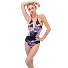 Colorful Neon Light Rays, Rainbow Colors Graphic Art Plunging Cut Out Swimsuit by picsaspassion