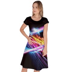 Colorful Neon Light Rays, Rainbow Colors Graphic Art Classic Short Sleeve Dress by picsaspassion