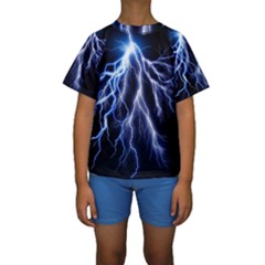 Blue Lightning At Night, Modern Graphic Art  Kids  Short Sleeve Swimwear by picsaspassion