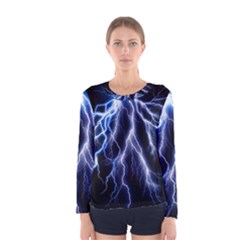 Blue Lightning At Night, Modern Graphic Art  Women s Long Sleeve Tee