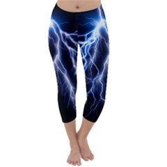 Blue Lightning At Night, Modern Graphic Art  Capri Winter Leggings 