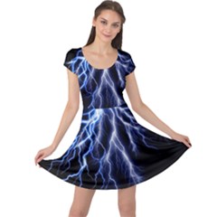 Blue Lightning At Night, Modern Graphic Art  Cap Sleeve Dress by picsaspassion