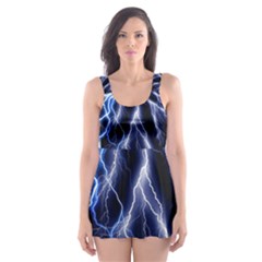 Blue Lightning At Night, Modern Graphic Art  Skater Dress Swimsuit by picsaspassion