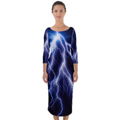 Blue Lightning At Night, Modern Graphic Art  Quarter Sleeve Midi Bodycon Dress by picsaspassion