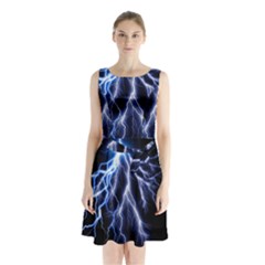 Blue Lightning At Night, Modern Graphic Art  Sleeveless Waist Tie Chiffon Dress by picsaspassion