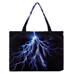 Blue Lightning At Night, Modern Graphic Art  Zipper Medium Tote Bag by picsaspassion