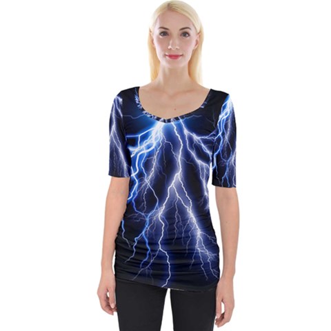 Blue Lightning At Night, Modern Graphic Art  Wide Neckline Tee by picsaspassion