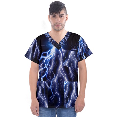 Blue Lightning At Night, Modern Graphic Art  Men s V-neck Scrub Top by picsaspassion