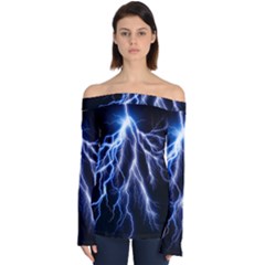 Blue Lightning At Night, Modern Graphic Art  Off Shoulder Long Sleeve Top by picsaspassion