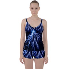 Blue Lightning At Night, Modern Graphic Art  Tie Front Two Piece Tankini by picsaspassion