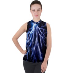 Blue Lightning At Night, Modern Graphic Art  Mock Neck Chiffon Sleeveless Top by picsaspassion