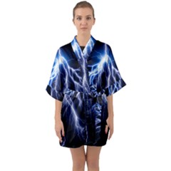 Blue Lightning At Night, Modern Graphic Art  Half Sleeve Satin Kimono  by picsaspassion