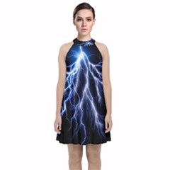 Blue Lightning At Night, Modern Graphic Art  Velvet Halter Neckline Dress 