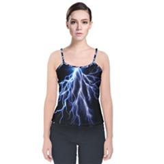 Blue Lightning At Night, Modern Graphic Art  Velvet Spaghetti Strap Top by picsaspassion