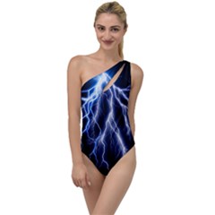 Blue Lightning At Night, Modern Graphic Art  To One Side Swimsuit by picsaspassion