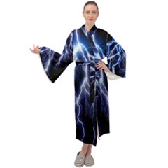 Blue Lightning At Night, Modern Graphic Art  Maxi Velour Kimono by picsaspassion